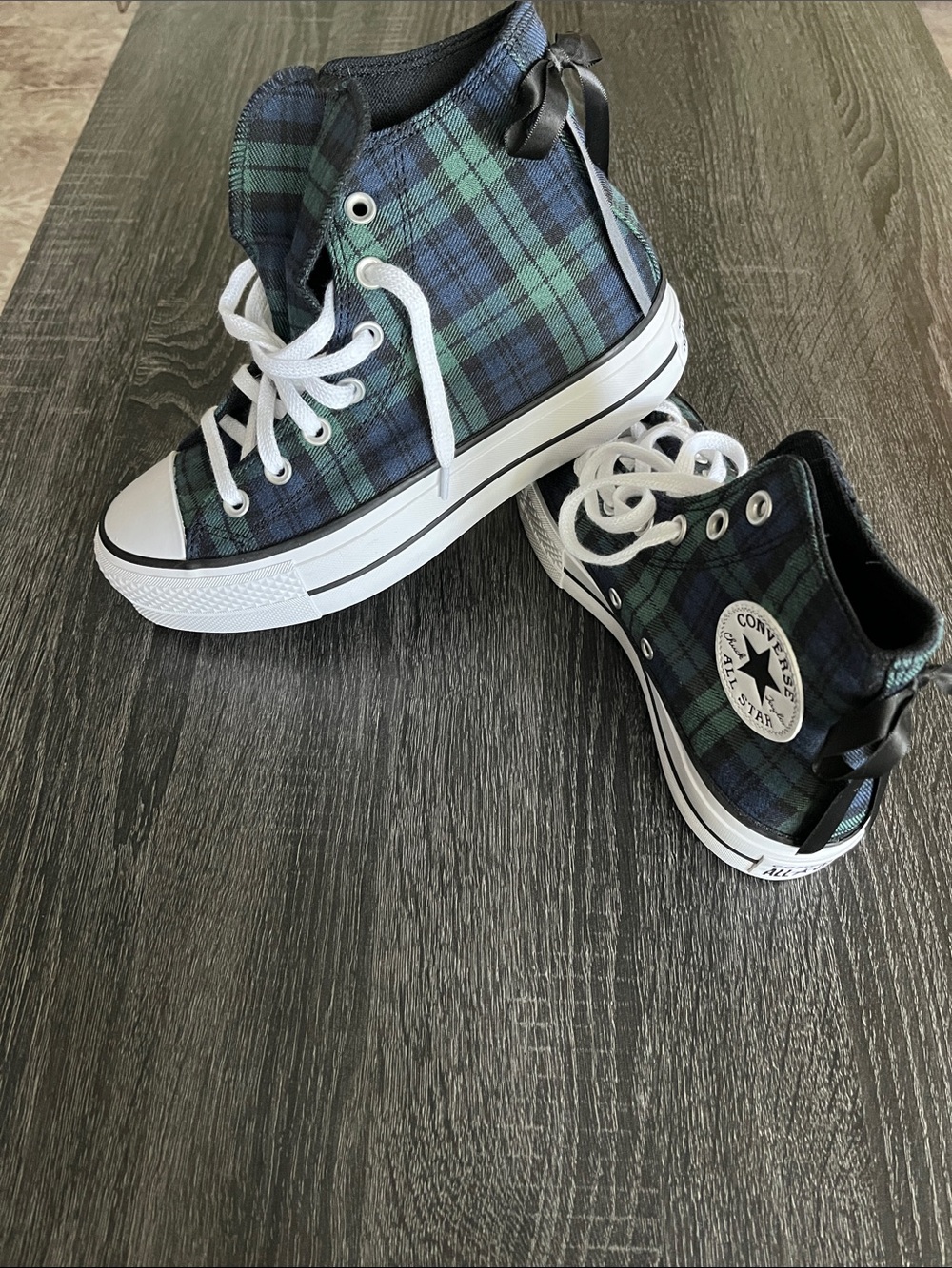Converse Women’s High Top Sneakers in Green and Black Plaid